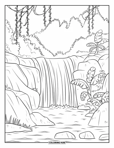 Coloriage tropical pour enfants : Une cascade qui coule dans un bassin entouré de lianes et de bananiers