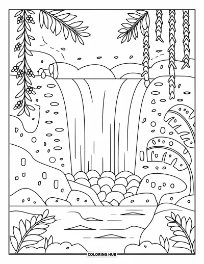 Coloriage tropical pour enfants : Une cascade avec des bananiers et des rochers dans un cadre paisible