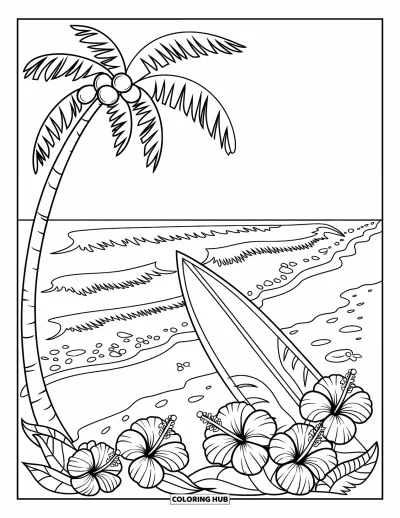 Coloriage tropical pour enfants : Des vagues déferlantes près d'une planche de surf et des hibiscus en fleur sur la plage