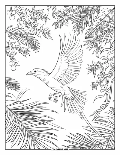 Coloriage tropical pour enfants : Un oiseau aux grandes ailes perché parmi des arbres en fleur et des fruits suspendus