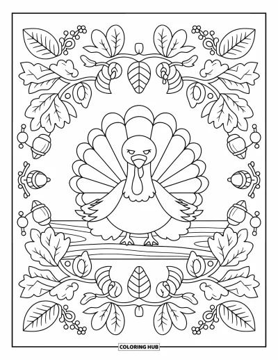 Coloriage de dindes pour adultes : Une dinde calme sur une bûche est entourée de feuilles détaillées, de baies et de motifs forestiers