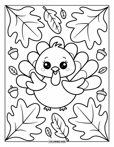 Coloriage de dindes pour adultes : Une dinde joyeuse se blottit parmi de grandes feuilles d'automne et de petits glands éparpillés