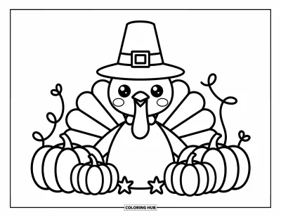 Coloriage de dindes pour adultes : Une dinde chaleureuse avec un grand chapeau est assise parmi des citrouilles enlacées de lianes ludiques