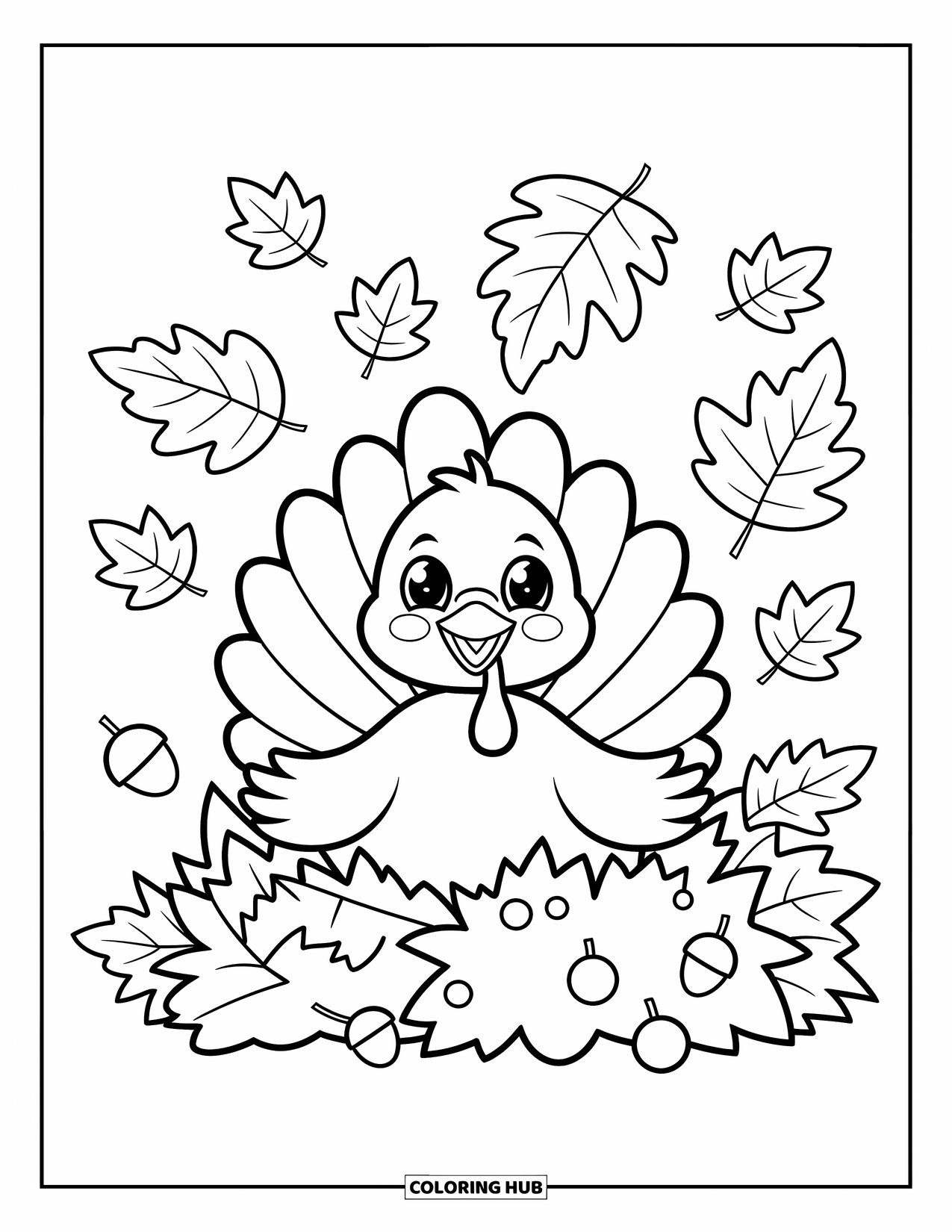 Turkey Coloring Page for Adults: A cute turkey sits in colorful leaves, with acorns and fluffy feathers all around