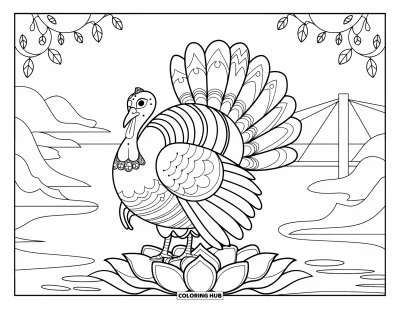 Coloriage de dindes pour adultes : Une dinde gracieuse aux plumes fluides se tient sur une fleur de lotus près des montagnes et de l'eau