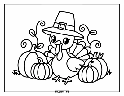 Coloriage de dindes pour adultes : Une dinde heureuse avec un chapeau de pèlerin est assise entourée de citrouilles et de lianes sinueuses