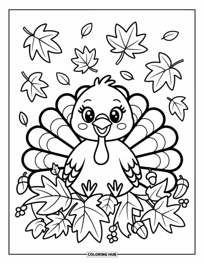 Coloriage de dindes pour adultes : Une dinde heureuse se détend dans un tas de feuilles tandis que quelques-unes tombent d'en haut