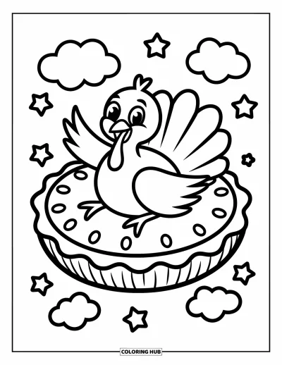Coloriage de dindes pour adultes : Une dinde heureuse salue depuis un char en forme de tarte géante, avec des nuages et des étoiles