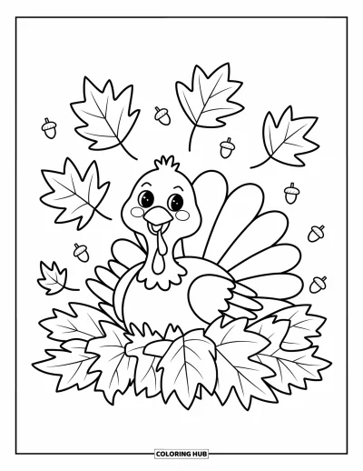Coloriage de dindes pour adultes : Une dinde pleine de joie se blottit dans un grand tas de feuilles d'automne qui tombent