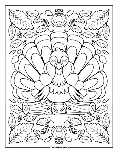 Coloriage de dindes pour adultes : Une dinde méditative sur une bûche est encadrée par des baies, des feuilles et des motifs en spirale