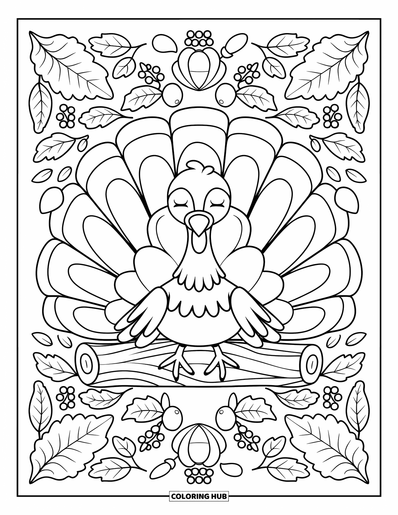 Turkey Coloring Page for Adults: A meditative turkey on a log is framed by berries, leaves, and swirling patterns
