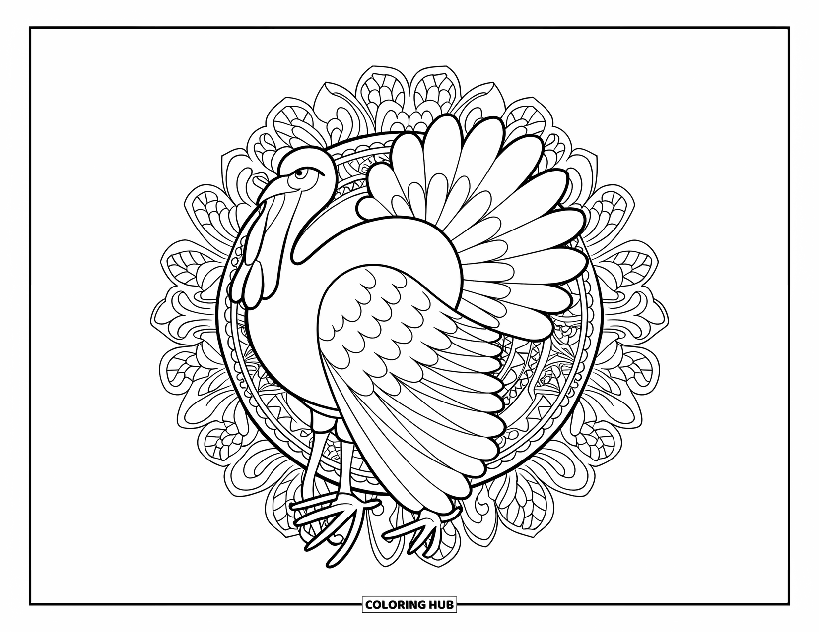 Turkey Coloring Page for Adults: A patterned turkey sits in a mandala design filled with relaxing decorative elements