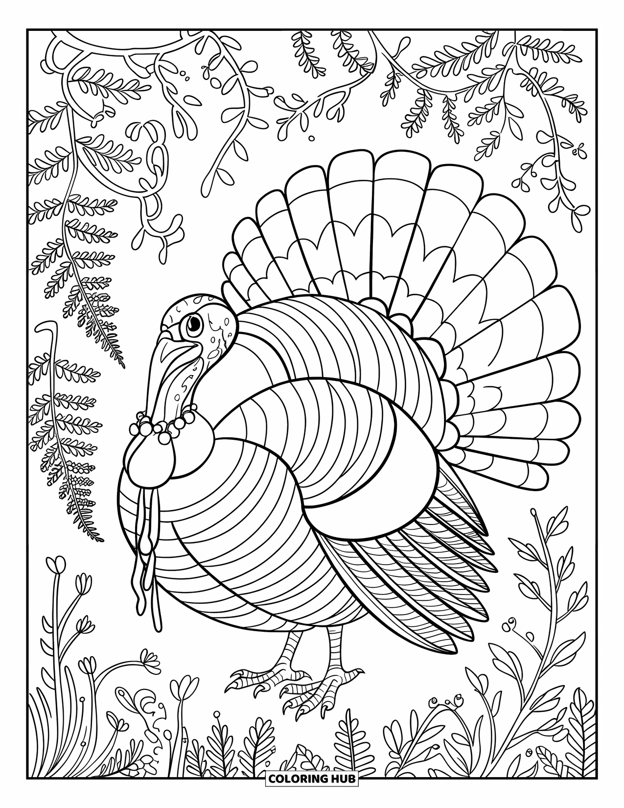 Turkey Coloring Page for Adults: A patterned turkey stands among wildflowers, curved vines, and detailed ferns