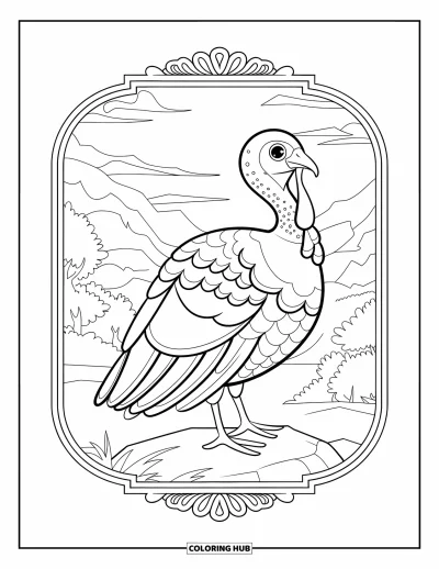 Coloriage de dindes pour adultes : Une dinde à motifs se tient sur un rocher dans un cadre, entourée d'arbres et de nuages