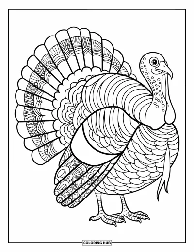 Coloriage de dindes pour adultes : Une dinde à motifs avec des plumes mandala se tient seule, prête pour un moment créatif