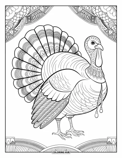 Coloriage de dindes pour adultes : Une dinde à motifs avec des plumes mandala se tient sur un fond texturé rempli de détails