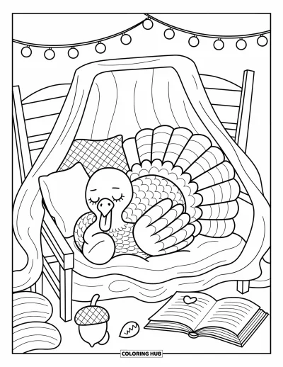 Coloriage de dindes pour adultes : Une dinde paisible se blottit dans une cabane de couvertures confortable, tenant un petit gland en peluche