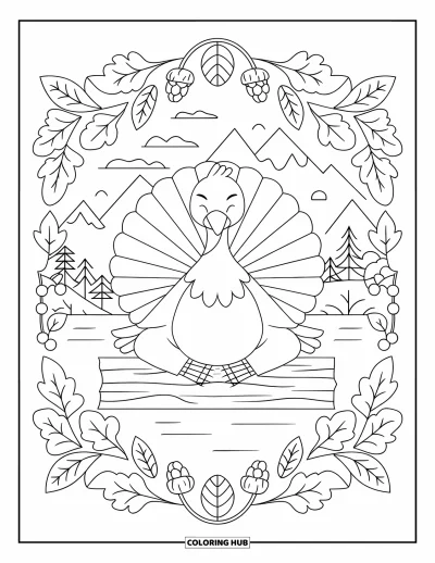 Coloriage de dindes pour adultes : Une dinde paisible est assise sur une bûche, entourée d'arbres, de montagnes et d'un lac tranquille