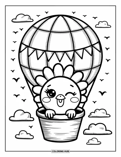 Coloriage de dindes pour adultes : Une dinde joueuse passe la tête hors d'une montgolfière en patchwork, avec des nuages et des oiseaux autour