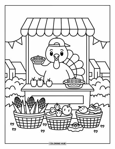 Coloriage de dindes pour adultes : Une dinde fière fait signe près d'un stand de marché rempli de petits fruits et légumes