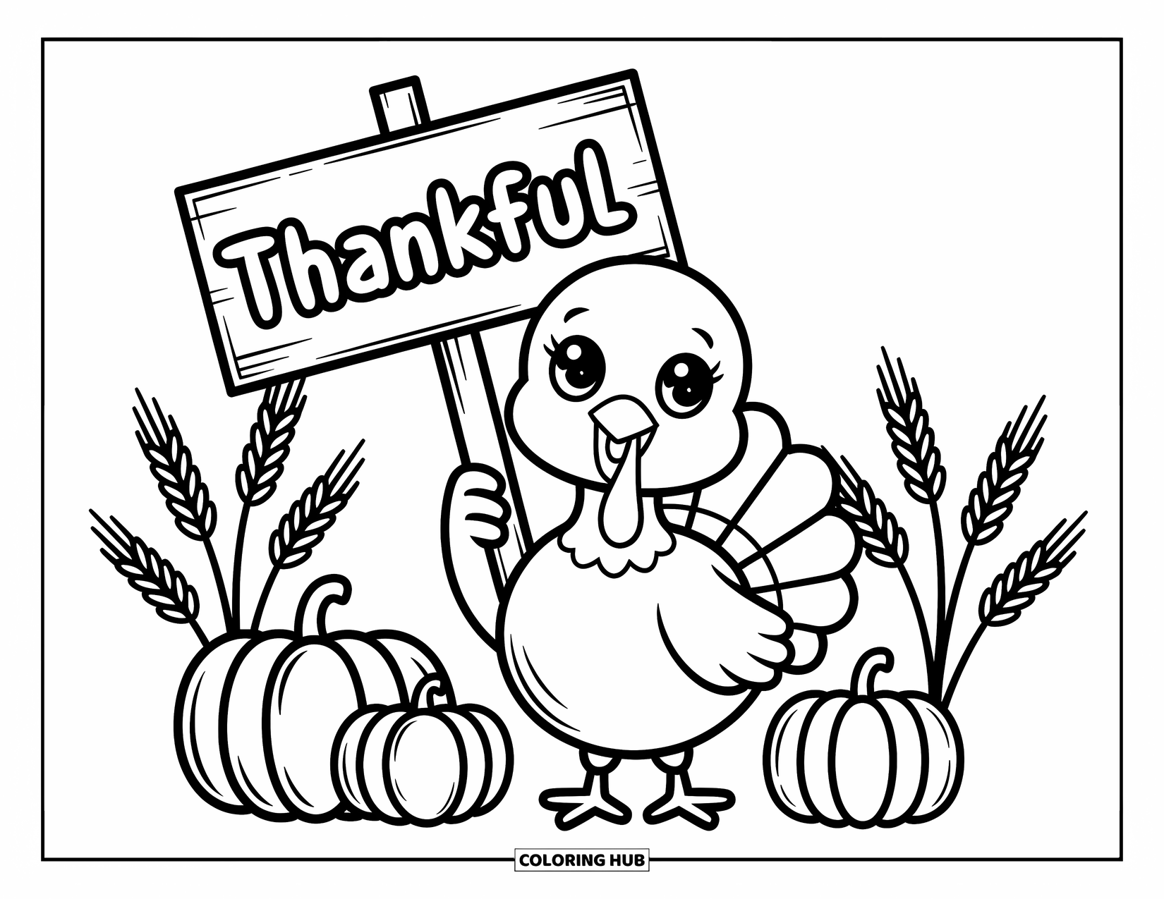 Turkey Coloring Page for Adults: A shy turkey with a tilted head holds a "Thankful" sign among fall goodies