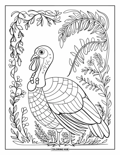 Coloriage de dindes pour adultes : Une dinde de profil se tient parmi des fougères, des lianes et des fleurs à motifs sur un fond décoré