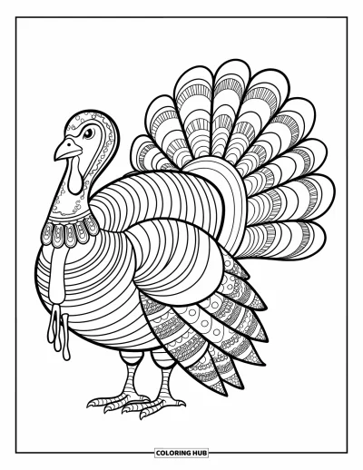 Coloriage de dindes pour adultes : Une dinde aux plumes style mandala se tient calmement sur un fond vierge