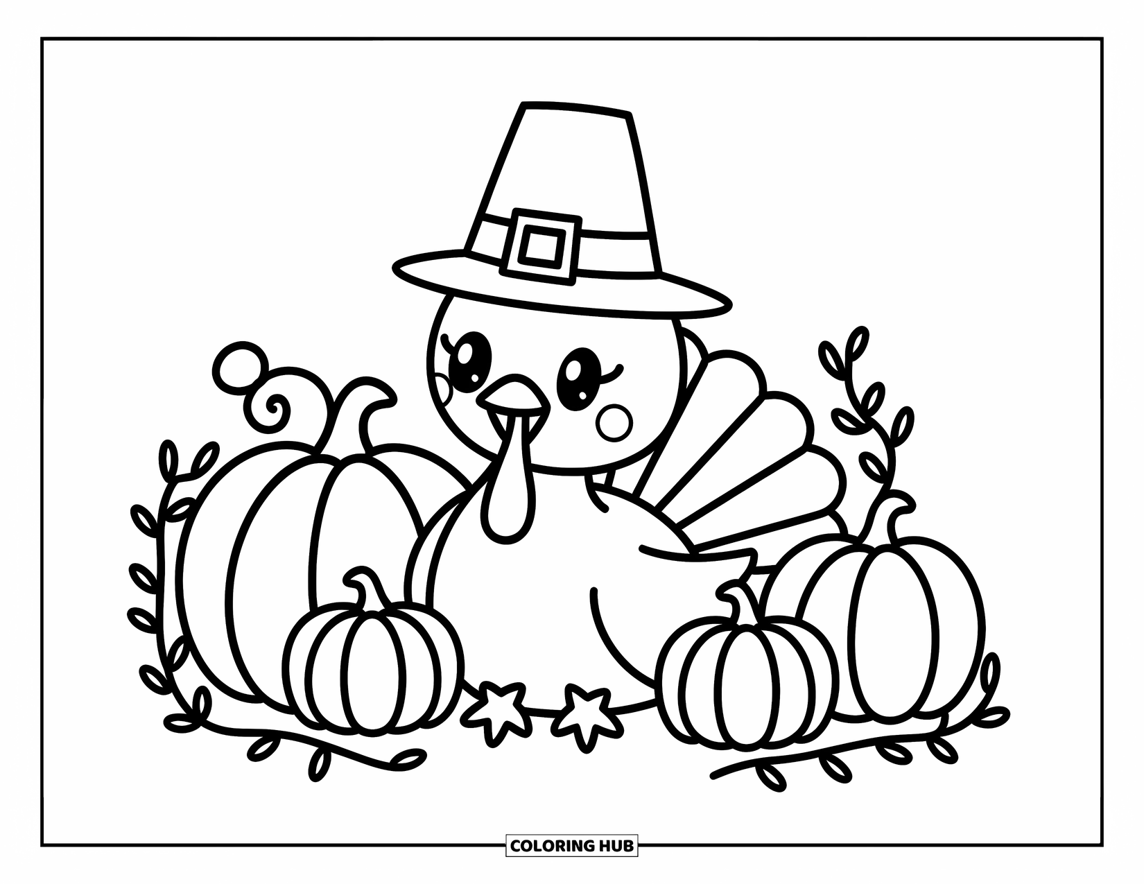 Turkey Coloring Page for Adults: A turkey in a big pilgrim hat sits among pumpkins with curling vines