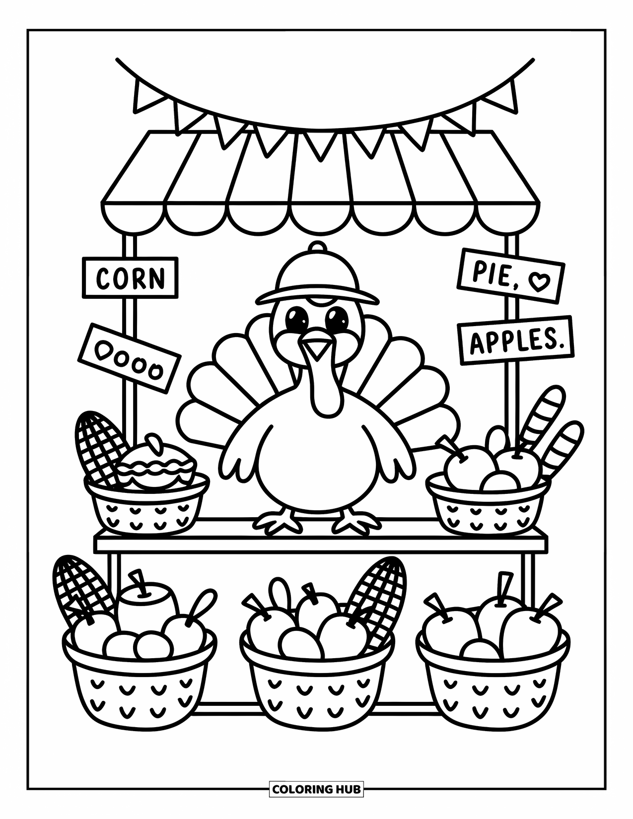 Turkey Coloring Page for Adults: A turkey in a cap runs a cozy booth with pie, corn, and apples
