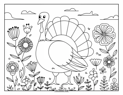 Coloriage de dindes pour adultes : Une dinde se tient parmi des fleurs originales sous un ciel calme avec quelques nuages