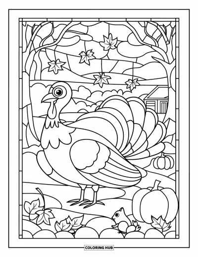 Coloriage de dindes pour adultes : Une dinde se tient près d'un vitrail représentant des feuilles, un écureuil et une citrouille