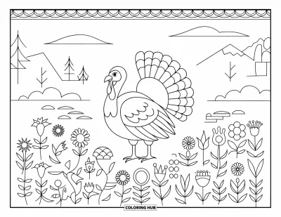 Coloriage de dindes pour adultes : Une dinde se tient dans un champ de fleurs avec des montagnes, des arbres et un lac autour d'elle
