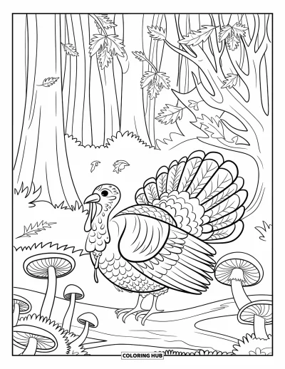 Coloriage de dindes pour adultes : Une dinde se tient sur une bûche dans une forêt remplie de feuilles, d'arbres et de champignons