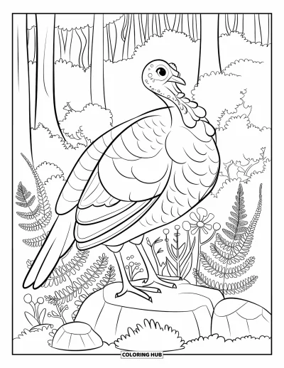 Coloriage de dindes pour adultes : Une dinde se tient sur un rocher parmi des fougères, des lianes et des fleurs sauvages en forêt