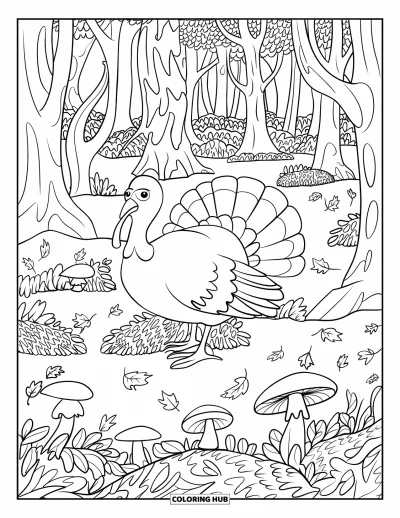 Coloriage de dindes pour adultes : Une dinde marche dans une forêt remplie de feuilles tourbillonnantes et de champignons épars