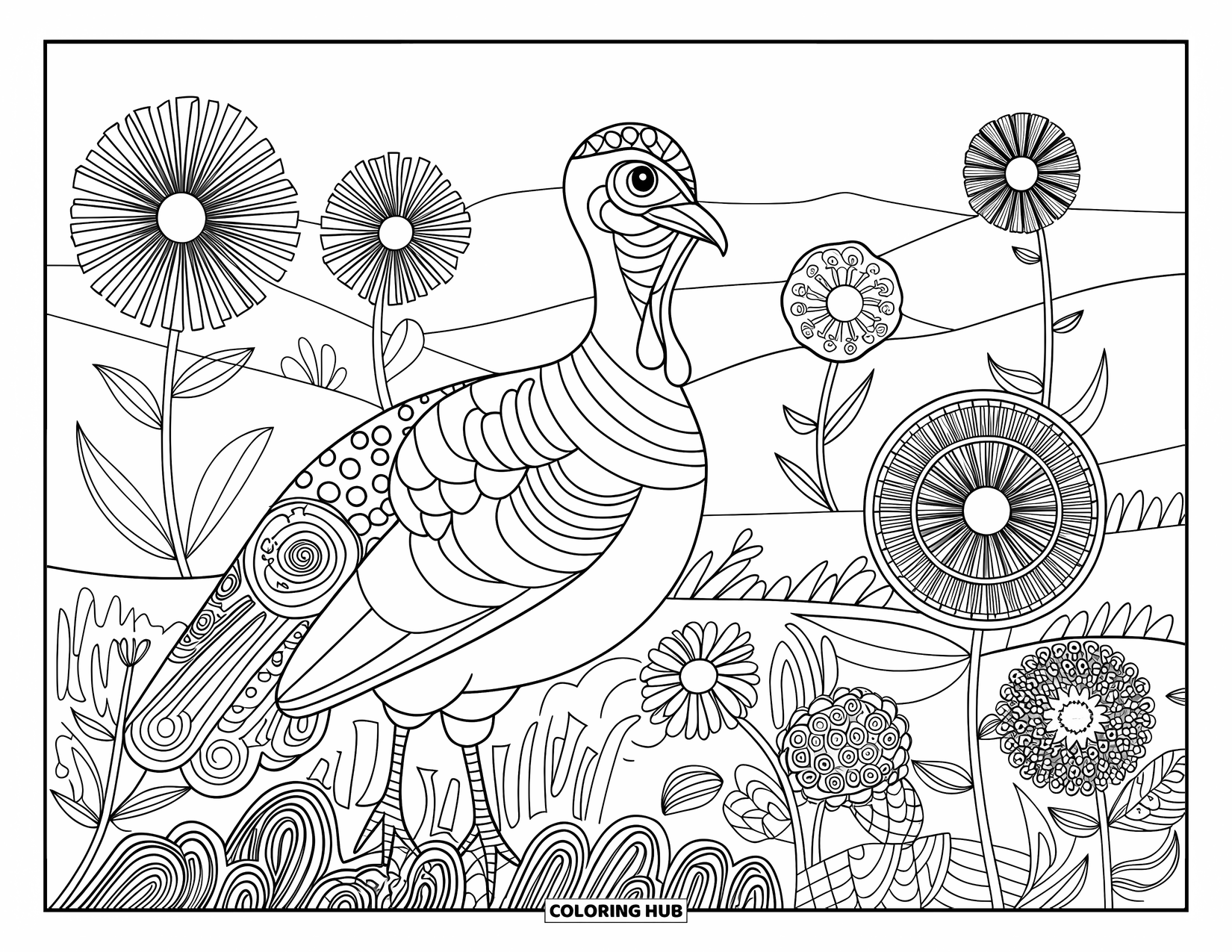 Turkey Coloring Page for Adults: A turkey wanders through patterned flowers under a peaceful sky and rolling hills