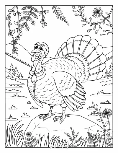 Coloriage de dindes pour adultes : Une dinde au bec ouvert se tient parmi des fougères, des lianes et des fleurs près de l'eau