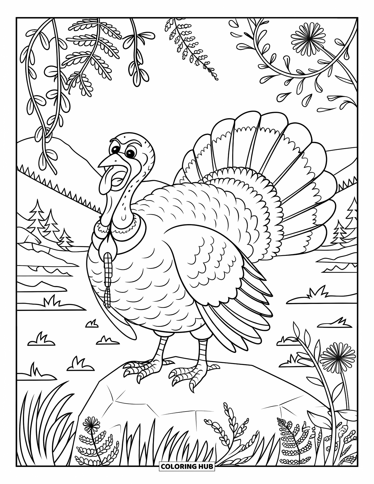 Turkey Coloring Page for Adults: A turkey with an open beak stands among ferns, vines, and flowers near water