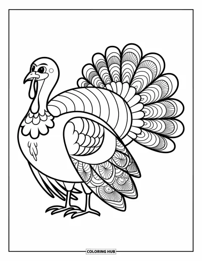 Coloriage de dindes pour adultes : Une dinde aux plumes mandala détaillées se tient simplement sur une toile vierge