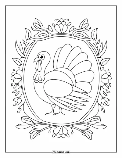 Coloriage de dindes pour adultes : Une dinde aux plumes fluides est au centre d'un cadre de fleurs et de feuilles
