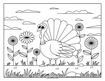 Coloriage de dindes pour adultes : Une dinde aux grands yeux avec les plumes ouvertes se tient sur l'herbe avec des rochers et des nuages duveteux