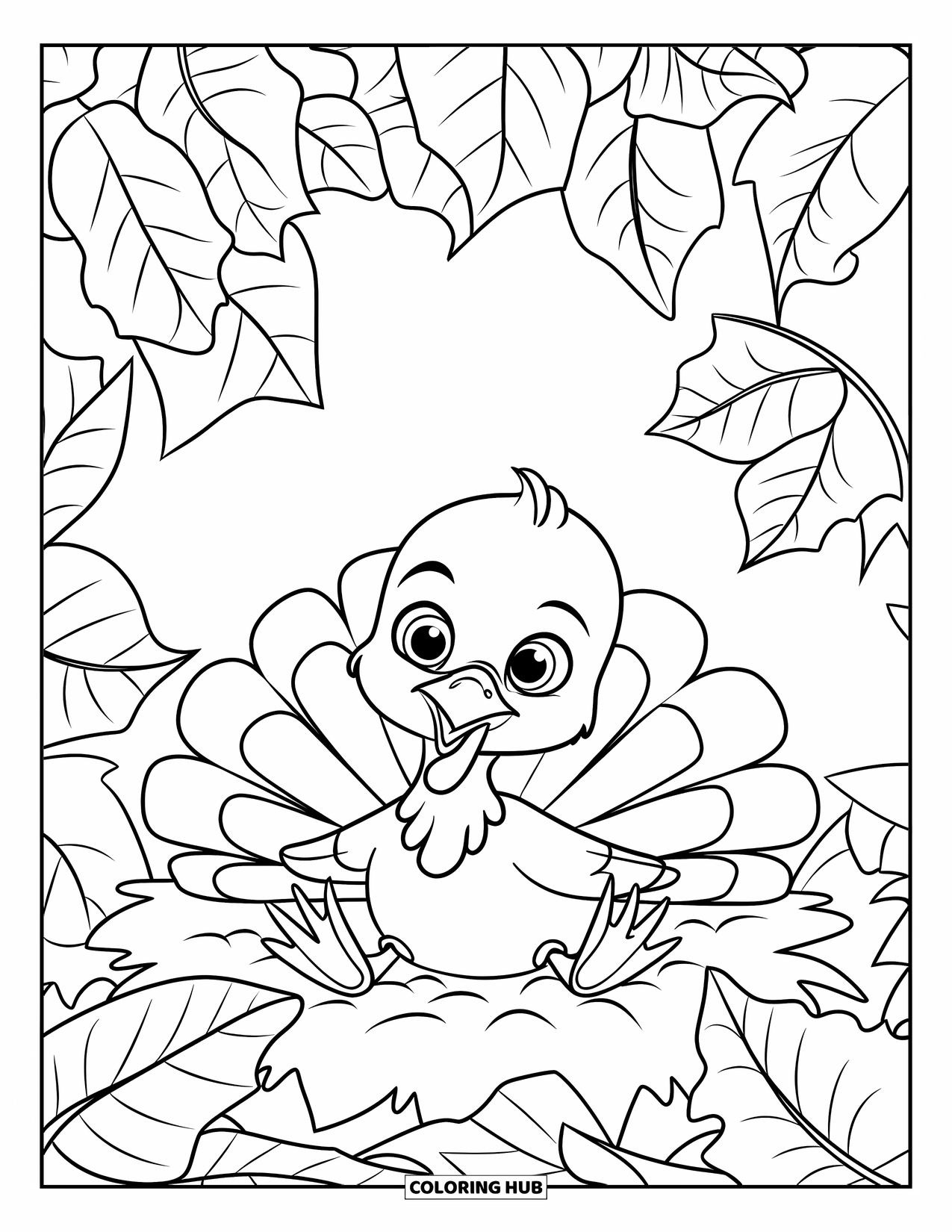 Turkey Coloring Page for Kids: A baby turkey sits playfully in a big pile of oversized leaves