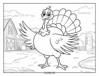 Coloriage de dindes pour enfants : Une grande dinde ronde bat joyeusement des ailes près d'une grange et d'un silo