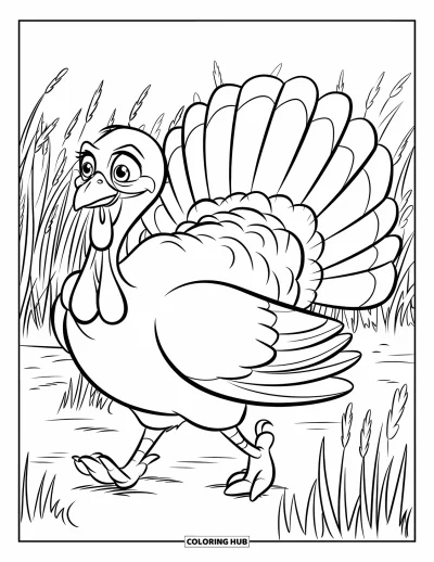 Coloriage de dindes pour enfants : Une dinde aux yeux brillants se promène dans un champ d'herbes hautes qui ondulent