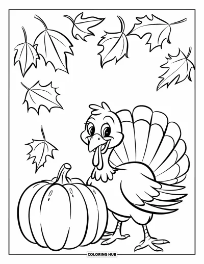 Coloriage de dindes pour enfants : Une dinde joyeuse et une grande citrouille sont assises ensemble, tandis que des feuilles tombent doucement au-dessus
