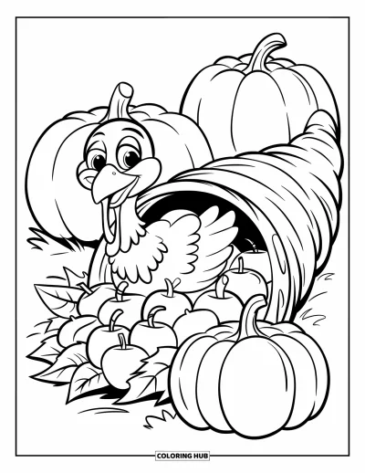 Coloriage de dindes pour enfants : Une dinde pleine d'entrain se cache dans une corne d'abondance entourée de citrouilles et de pommes