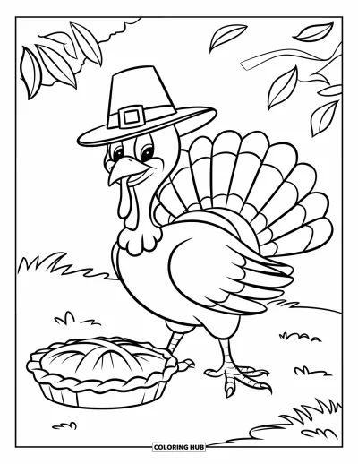 Coloriage de dindes pour enfants : Une dinde joyeuse avec un chapeau de pèlerin se tient près d'une tarte aux pommes toute fraîche