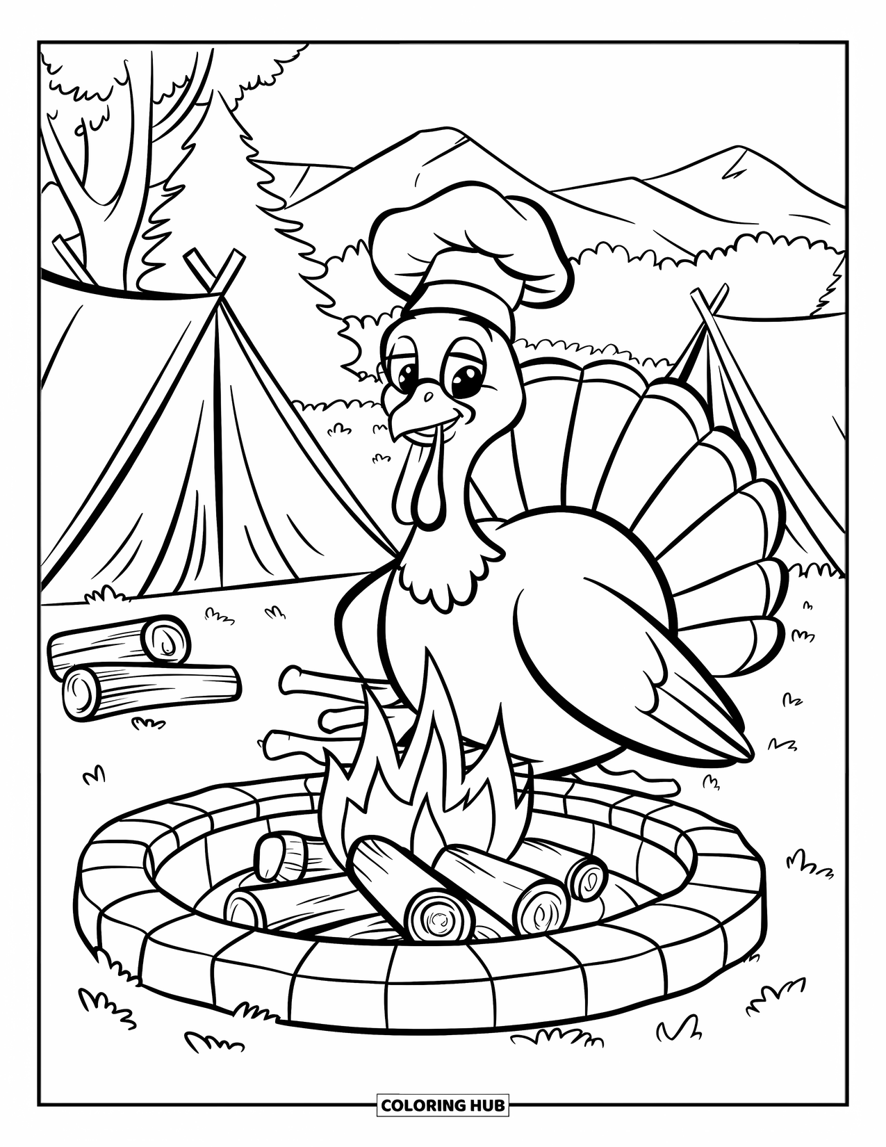 Turkey Coloring Page for Kids: A cheerful turkey roasts marshmallows near a campfire in the woods