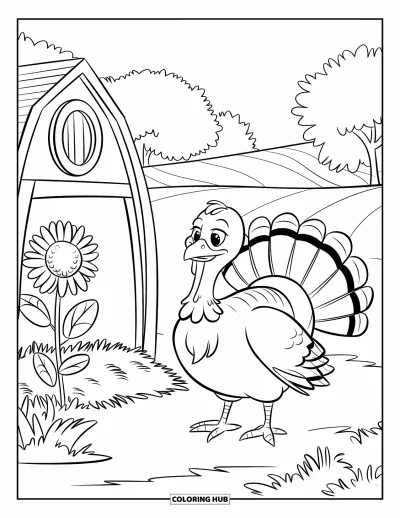 Coloriage de dindes pour enfants : Une dinde joyeuse se tient près d'une grange avec du foin et des tournesols en fleurs