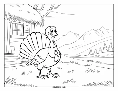 Coloriage de dindes pour enfants : Une dinde stylée se tient près d'un chalet, avec des montagnes et des arbres au loin